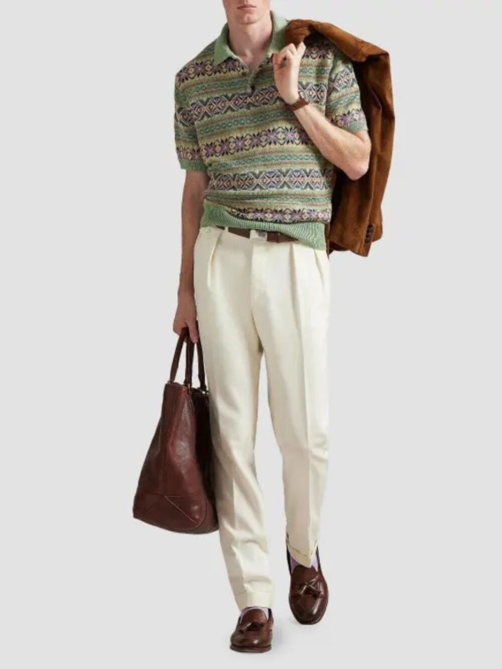 Polo Ralph Lauren Intarsia Knit Fair Isle Cashmere Cotton Linen Polo Sweater L
